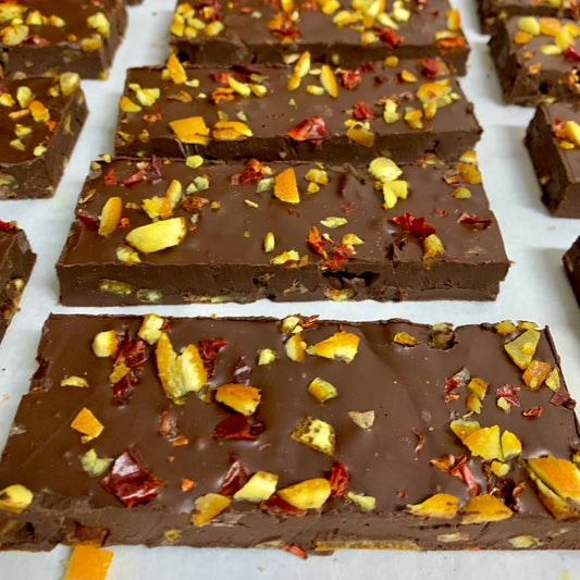 Dark chocolate, chili, & candied orange bar